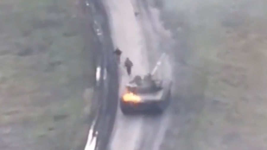 Russian Tank Takes Direct Hit, Crew Bails